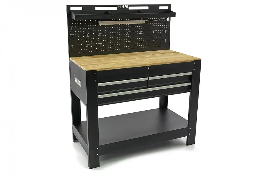 HBM 115 Cm. Werkbank Met Houten Werkblad, Achterwand, Led Verlichting , 20 Haken en 3 Opbergbakken