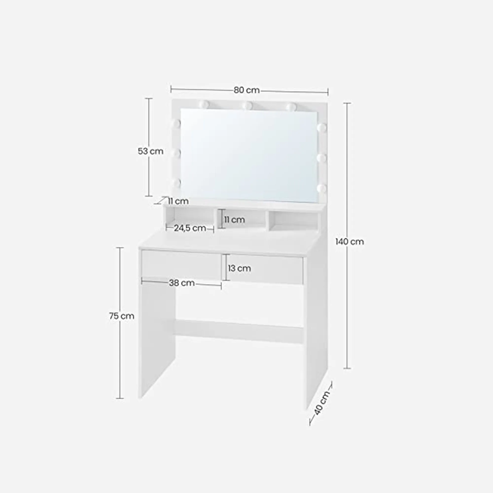 KAPTAFEL  MAKEUP TAFEL  COSMETICATAFEL  MET 9 LED LAMPEN  MET SPIEGEL  2 LADEN EN 3 OPEN VAKKEN  MODERN  WIT